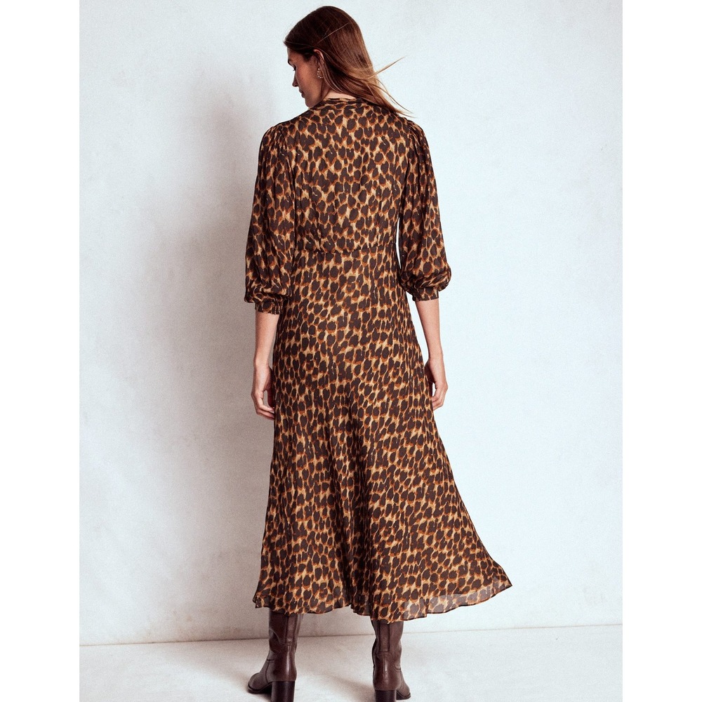 Boden Brooke Tie Neck Tea Dress Leopard Print Maxi Dress Brown 12R New With Tags - Picture 6 of 11